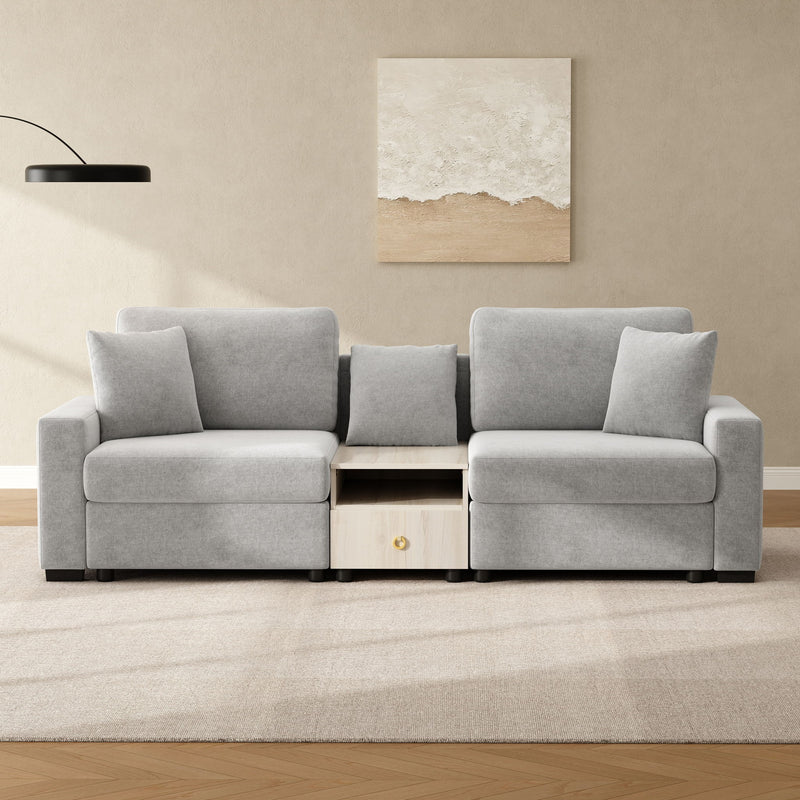 Noble House modular sofa couch with storage armrest and center console, featuring plush cushions and modern design for living room comfort.