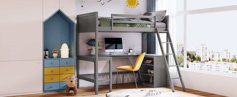 DreamHaus loft bed with integrated shelves and desk, featuring a sturdy frame, workspace, and storage area for compact bedrooms.