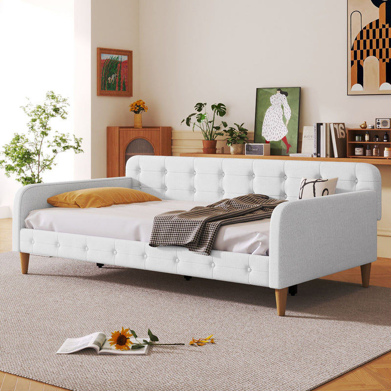 Dreamland upholstered modern daybed with plush fabric, featuring a sleek frame and comfortable seating for a stylish bedroom.