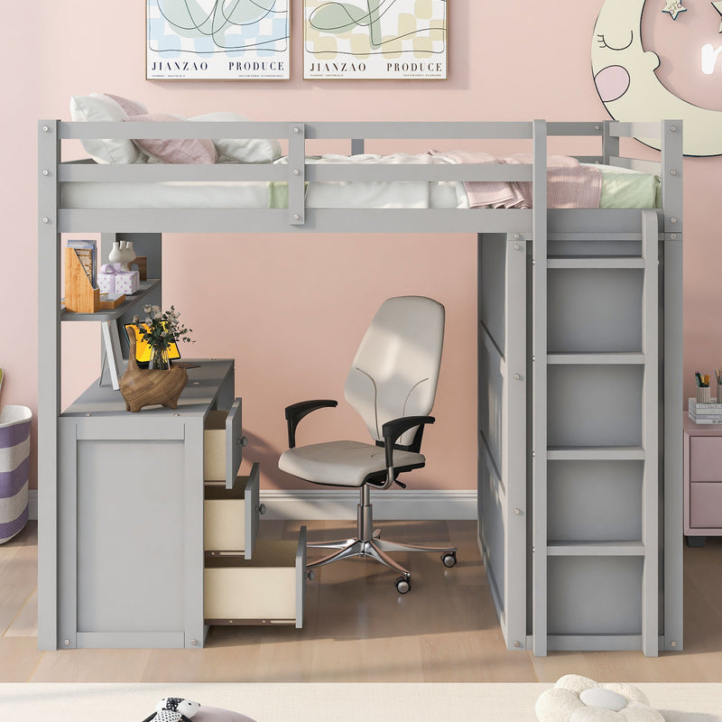 DreamHaus loft bed with integrated drawers, desk, and wardrobe for space-saving bedroom organization.