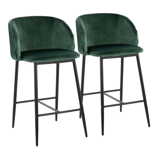 Pair of Lumi Source Fran pleated waves counter stools with fixed height, contemporary design, set of two, featuring sleek wooden legs.