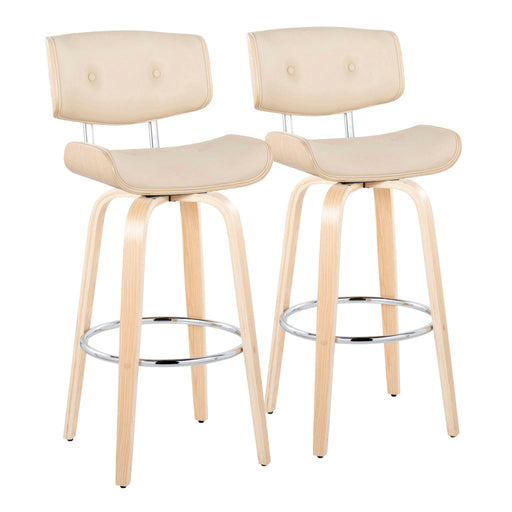 Set of two Lumi Source Lombardi mid-century modern fixed height barstools with swivel and round footrest, featuring sleek design.