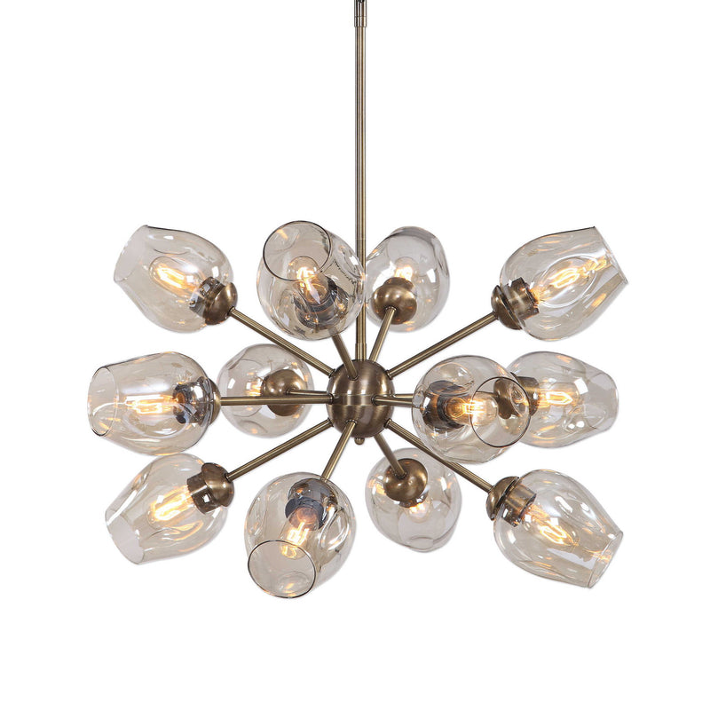Uttermost Chet 12 Light Sputnik chandelier with light brown finish, featuring a modern geometric design and multiple spherical bulbs.