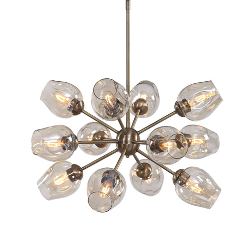 Uttermost Chet 12 Light Sputnik chandelier with light brown finish, featuring a modern geometric design and multiple spherical bulbs.