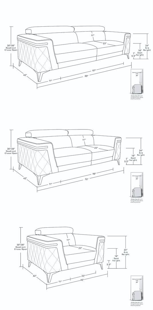 1140 - 3-Piece Sofa Set With Adjustable Headrest