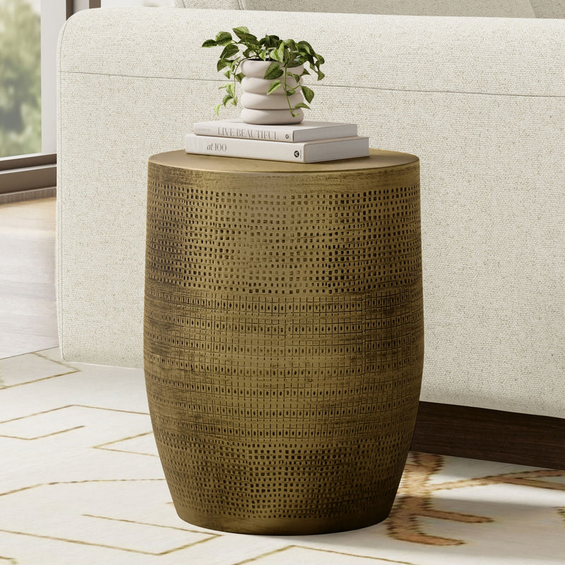 Johnsen Morse Pattern Accent Table by Simpli-Home in antique brass with a geometric Morse pattern design.