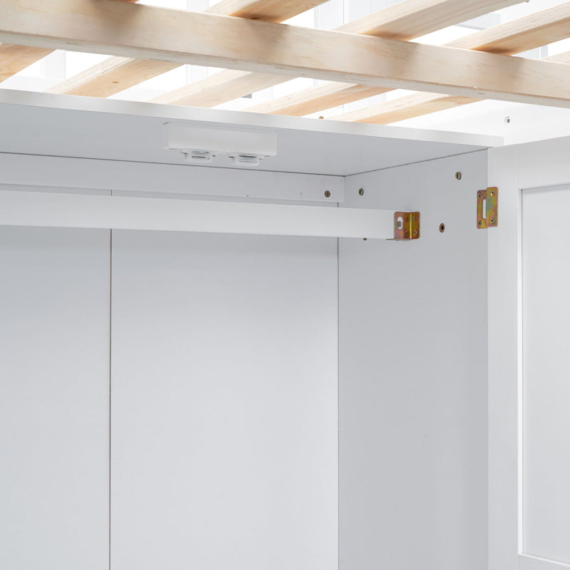 DreamHaus loft bed with integrated bookshelf, drawers, desk, and wardrobe, showcasing a multi-functional space-saving bedroom solution.