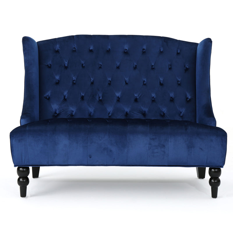 Noble House Nurturing upholstered loveseat with wingback design and diamond tufting, featuring plush fabric and elegant style.
