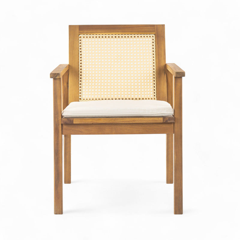 Noble House Preston outdoor dining chairs with beige cushions, teak wood frame, set of two for patio or garden dining area.