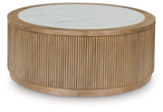 Camdill - Round Cocktail Table - Light Brown / White - R&R Furniture Gallery (Fountain Valley, CA)
