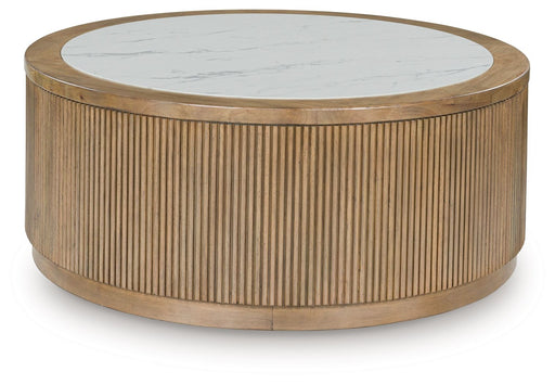 Camdill - Round Cocktail Table - Light Brown / White - R&R Furniture Gallery (Fountain Valley, CA)