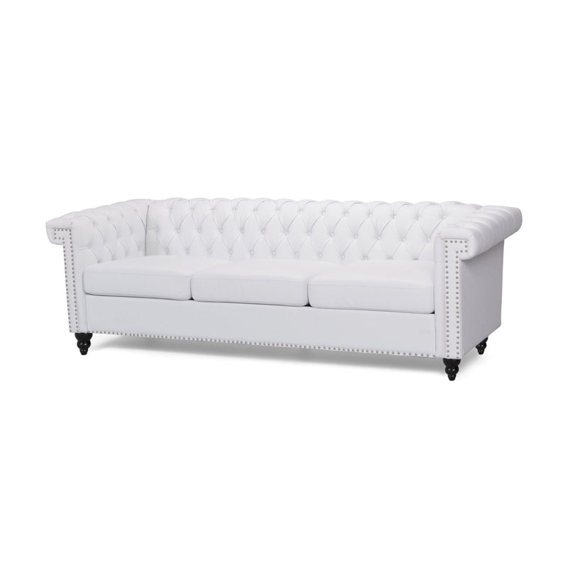 Noble House Chesterfield style 3-seater sofa with deep button tufting, upholstered in elegant fabric for a classic living room look.