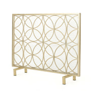Noble House Thayer single panel iron fireplace screen with geometric design, decorative metal accents for fireplace safety.