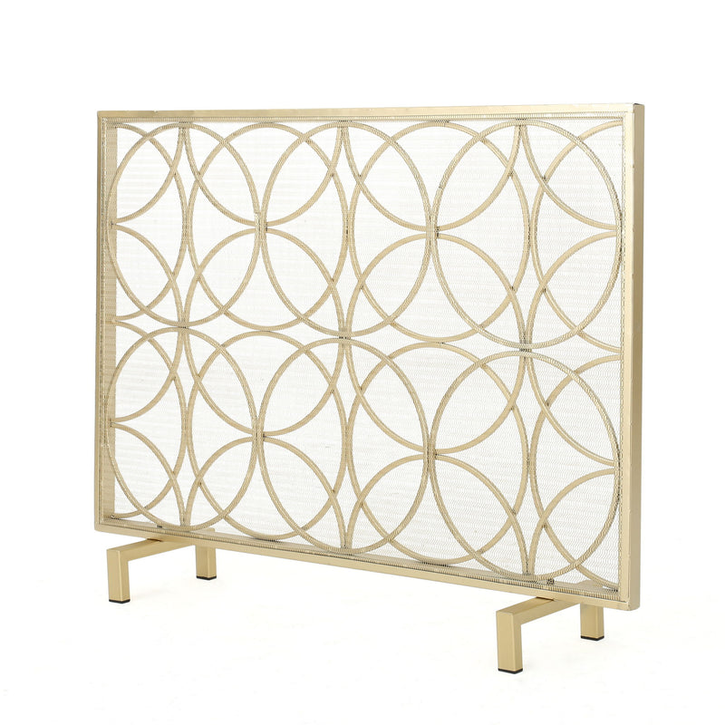 Noble House Thayer single panel iron fireplace screen with geometric design, decorative metal accents for fireplace safety.