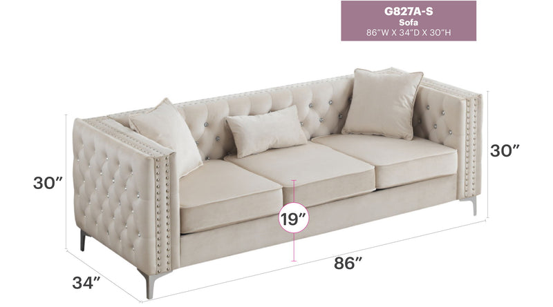 Glory Furniture Paige stationary sofa in a modern living room with plush fabric upholstery and decorative cushions.