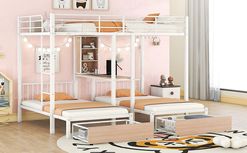 Triple Bunk Bed With Drawers, Multi-Functional Frame With Desks And Shelves In The Middle - R&R Furniture Gallery (Fountain Valley, CA)