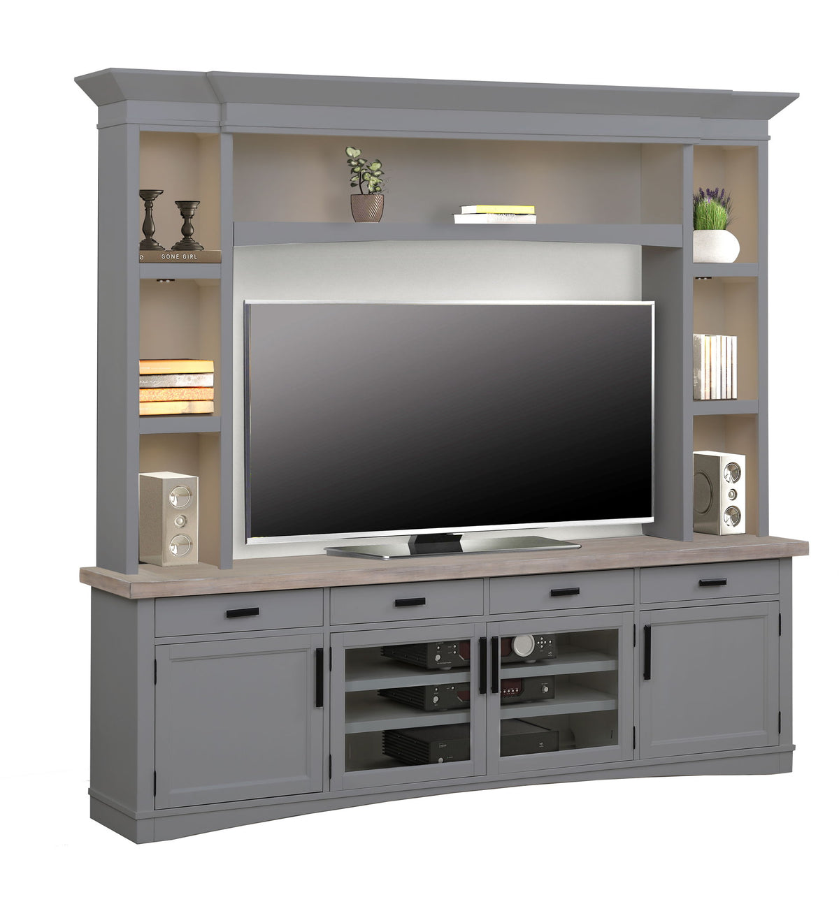 Americana Modern - TV Console with Hutch and LED Lights - R&R Furniture Gallery (Fountain Valley, CA)