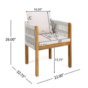 Set of two Noble House outdoor dining chairs with stylish rope handles and cushioned seats for patio or garden use.