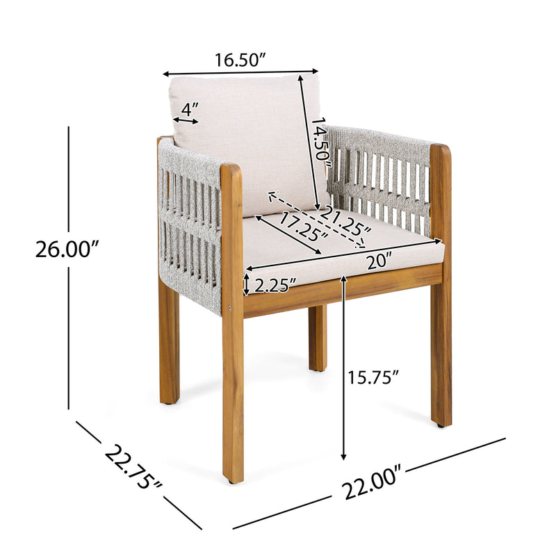 Set of two Noble House outdoor dining chairs with stylish rope handles and cushioned seats for patio or garden use.