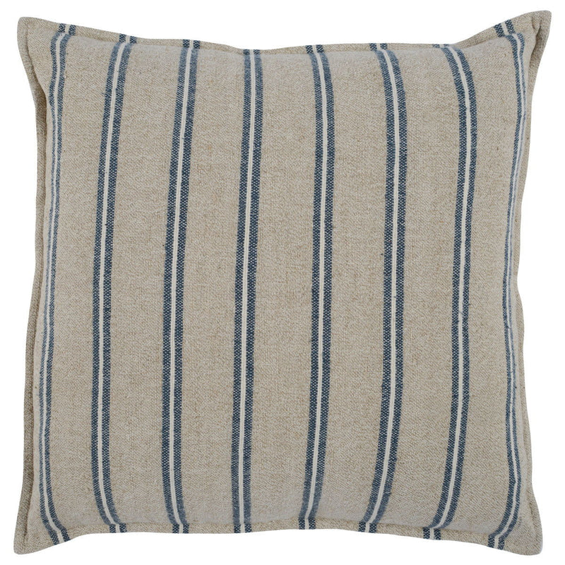 Classic Home Delgada 26x26 inch accent pillow with natural and blue woven fabric, featuring a soft, decorative design.