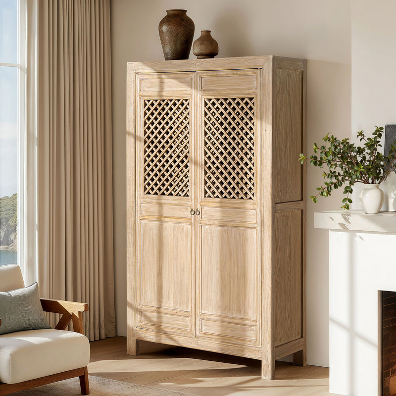 Jennifer Taylor Home Arden 2-door natural wood bookcase storage cabinet with accent cabinet design and open shelving.