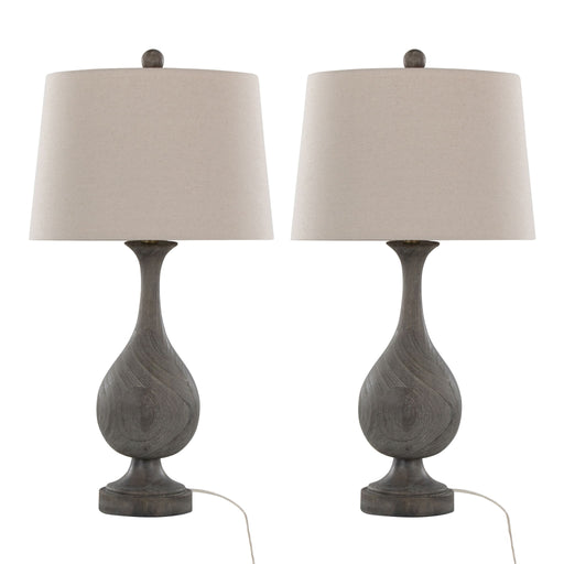 Set of two Lumi Source Poly Farmhouse Table Lamps featuring modern design with neutral-colored shades and wooden bases.