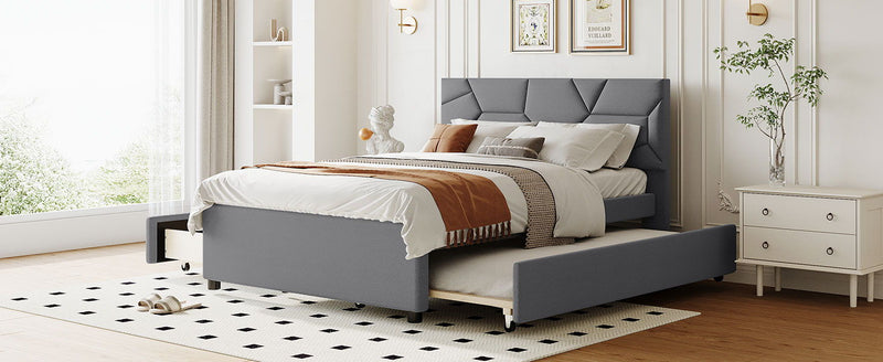 Upholstered Platform Bed With Brick Pattern Headboard And Twin Long Size Trundle - R&R Furniture Gallery (Fountain Valley, CA)