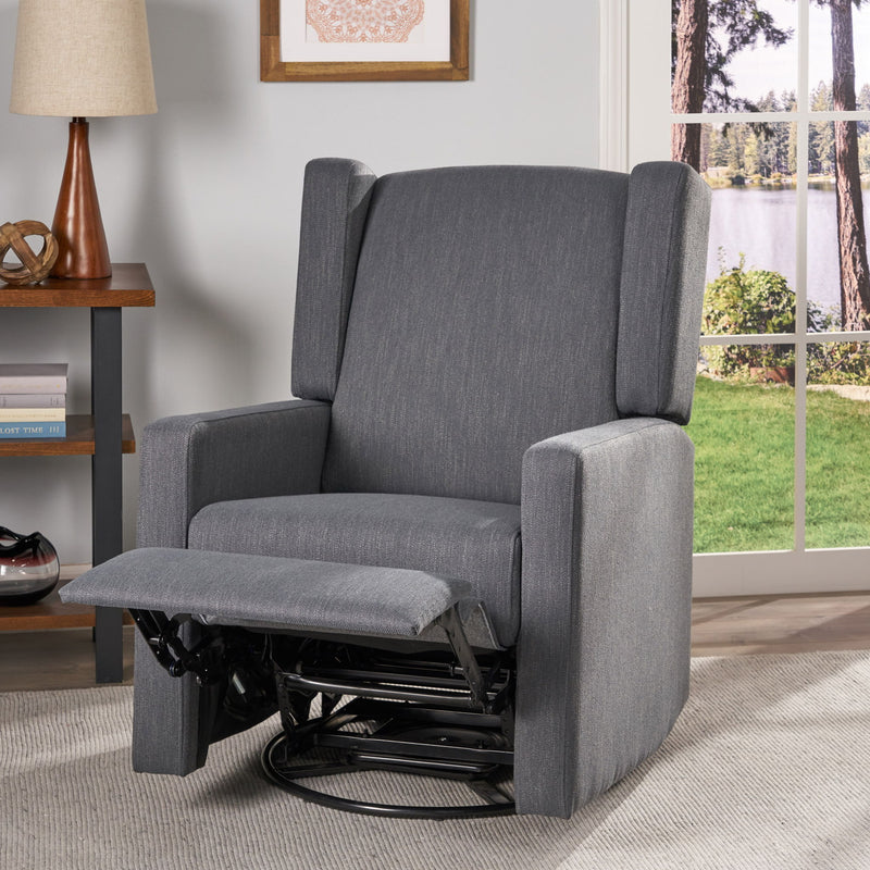 Noble House Landau contemporary fabric upholstered swivel recliner with plush cushioning and modern design, suitable for living room seating.