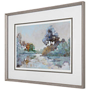 Watercolor framed print of a serene morning lake scene in blue by Uttermost, showcasing calming nature artwork for wall decor.