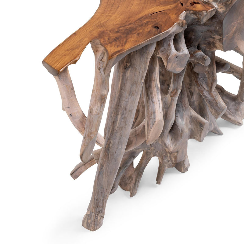 Classic Home Cypress Root Console Table with natural wood finish, showcasing a sturdy, stylish accent piece for entryways or living rooms.
