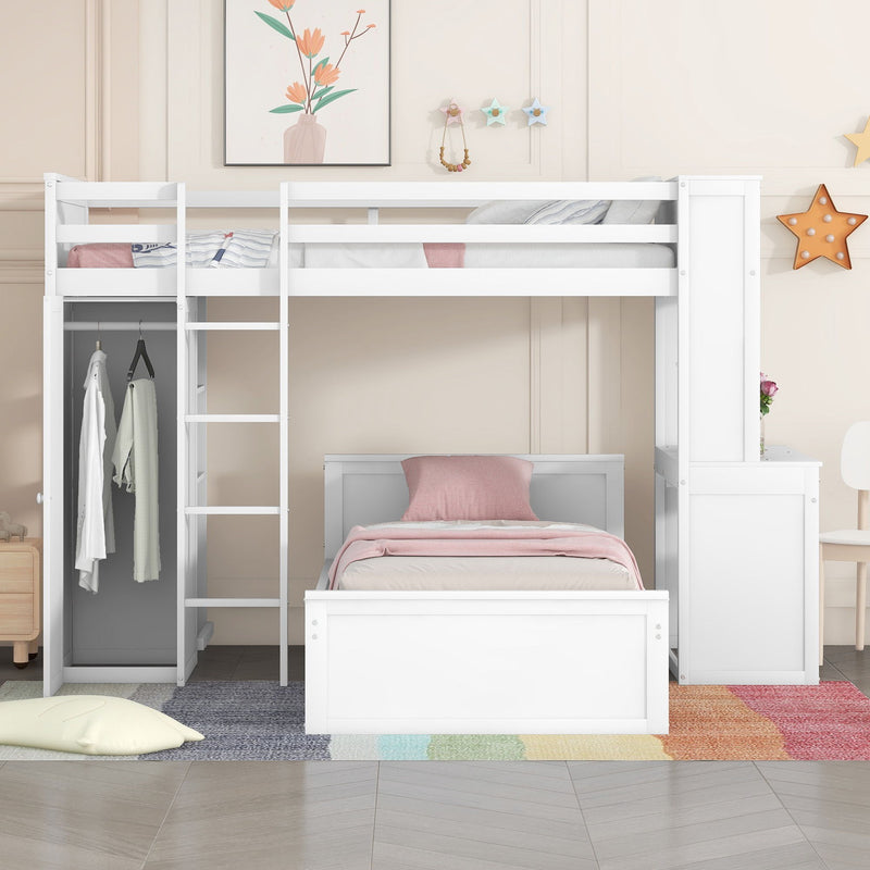 DreamHaus loft bed with standalone bed, shelves, desk, and wardrobe in a modern bedroom setup