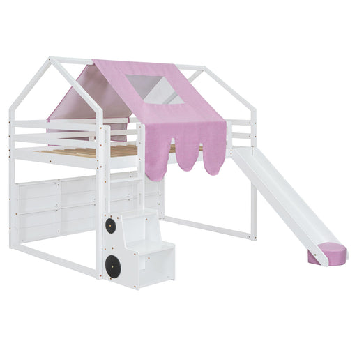 DreamHaus loft bed with house-shaped frame and tent, featuring a cozy sleeping area and playful design for kids' room decor.