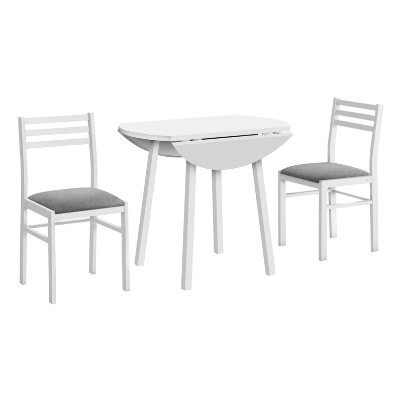 Modern 3-piece dining table set by 8th Street with small drop leaf design, includes two tables and matching chairs.