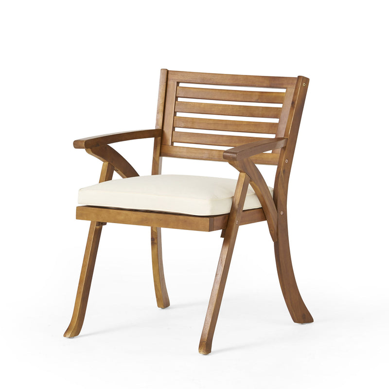 Outdoor Hermosa 5-piece wood dining set with cushions, teak frame and beige fabric, ideal for patio or garden dining.