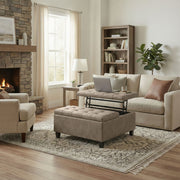 Brown Harrison square coffee table ottoman by Simpli-Home, featuring a sturdy wooden frame and cushioned top for versatile seating and decor.