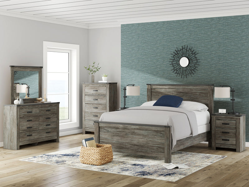 Signature Design by Ashley Frandern 6-piece panel bedroom set with bed frame, dresser, mirror, nightstands, and storage drawers