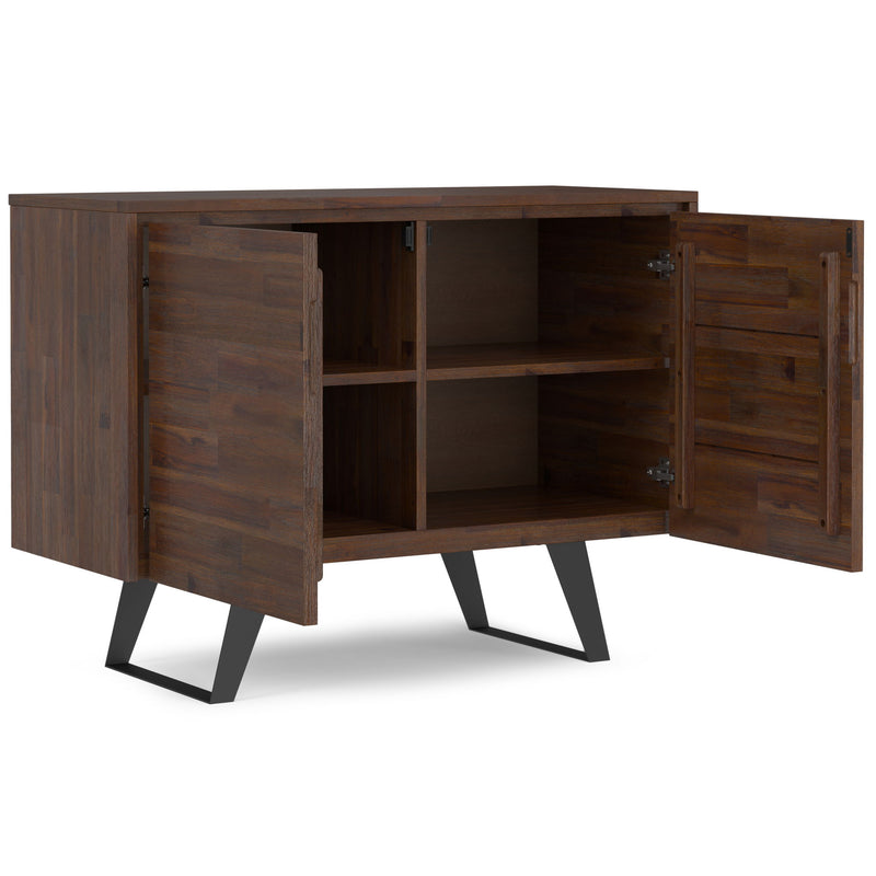 Brown Lowry 2-door sideboard buffet by Simpli-Home with sleek wood finish and modern design, featuring two doors and storage space.