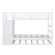 White twin over twin bunk bed with staircase and trundle from DreamHaus, showcasing the sturdy frame and convenient storage options.