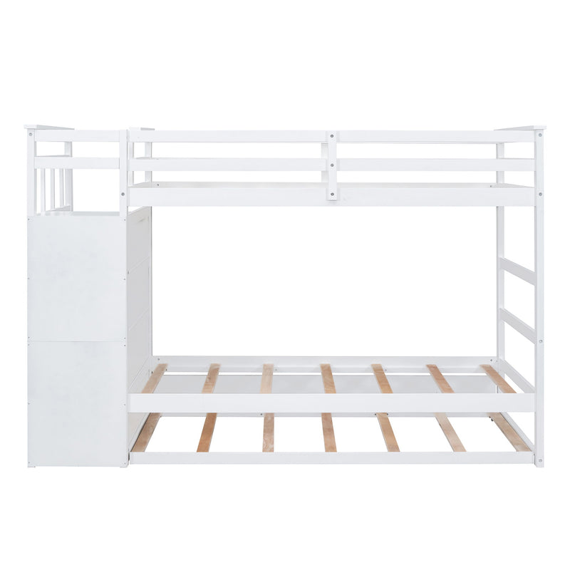 White twin over twin bunk bed with staircase and trundle from DreamHaus, showcasing the sturdy frame and convenient storage options.