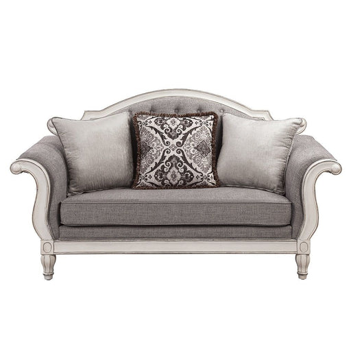 Florian - Loveseat With 3 Pillows - Gray Fabric & Antique White - R&R Furniture Gallery (Fountain Valley, CA)
