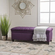 Noble House Juliana storage ottoman with birch wood legs, upholstered in neutral fabric, featuring a spacious top for storage.