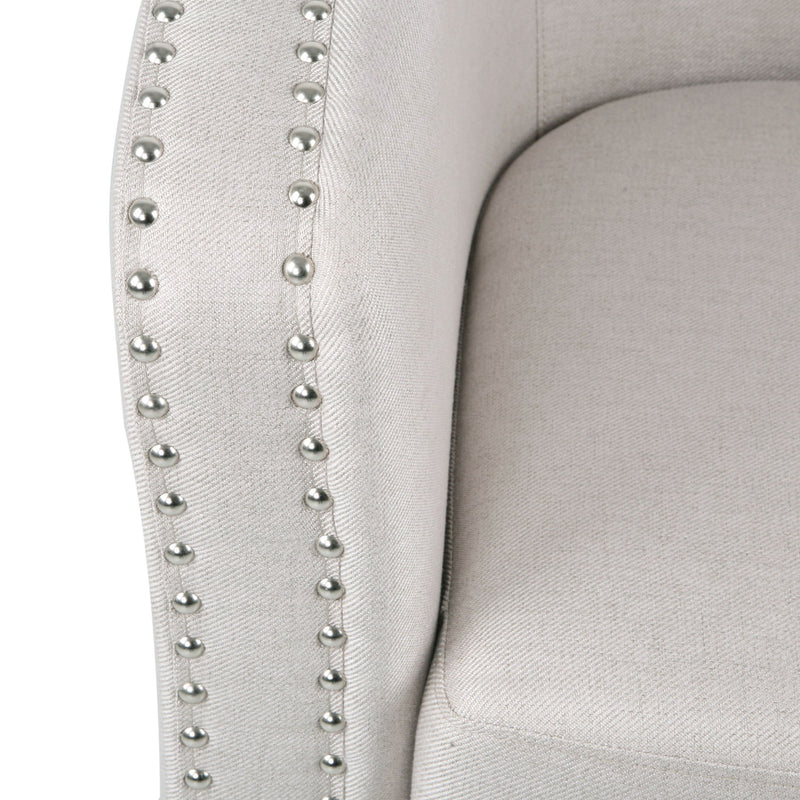 Noble House modern upholstered swivel club chair with nailhead trim, featuring a plush fabric and a 360-degree swivel base.