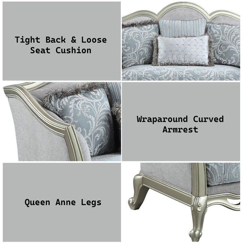 Qunsia - Loveseat With 4 Pillows - Light Gray Linen & Champagne - R&R Furniture Gallery (Fountain Valley, CA)