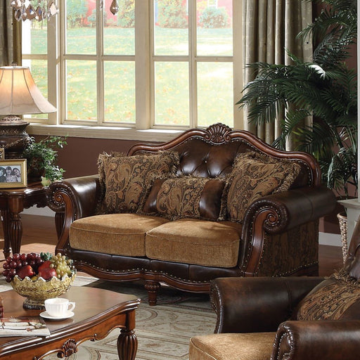 Dreena - Loveseat With 3 Pillows - Two Tone Brown Synthetic Leather & Chenille Cherry - R&R Furniture Gallery (Fountain Valley, CA)