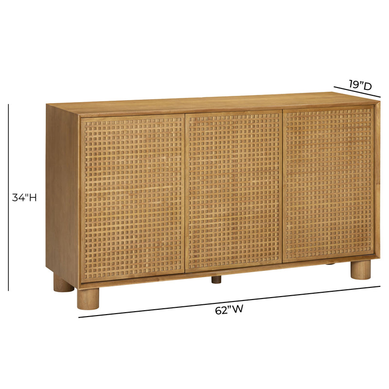 TOV Furniture Miles 3-door sideboard in natural wood finish with sleek modern design and metal handles.
