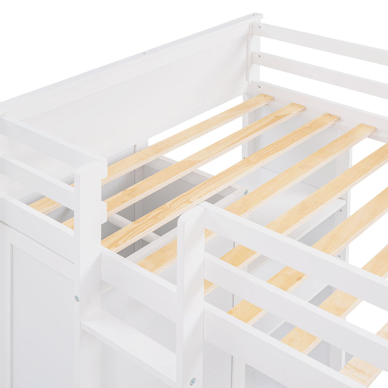 DreamHaus loft bed with stand-alone bed, shelves, desk, and wardrobe, showcasing a compact multi-functional bedroom furniture setup.