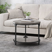Gray Noble House coffee table with wood-patterned tabletop and black iron frame, modern design for living room decor.
