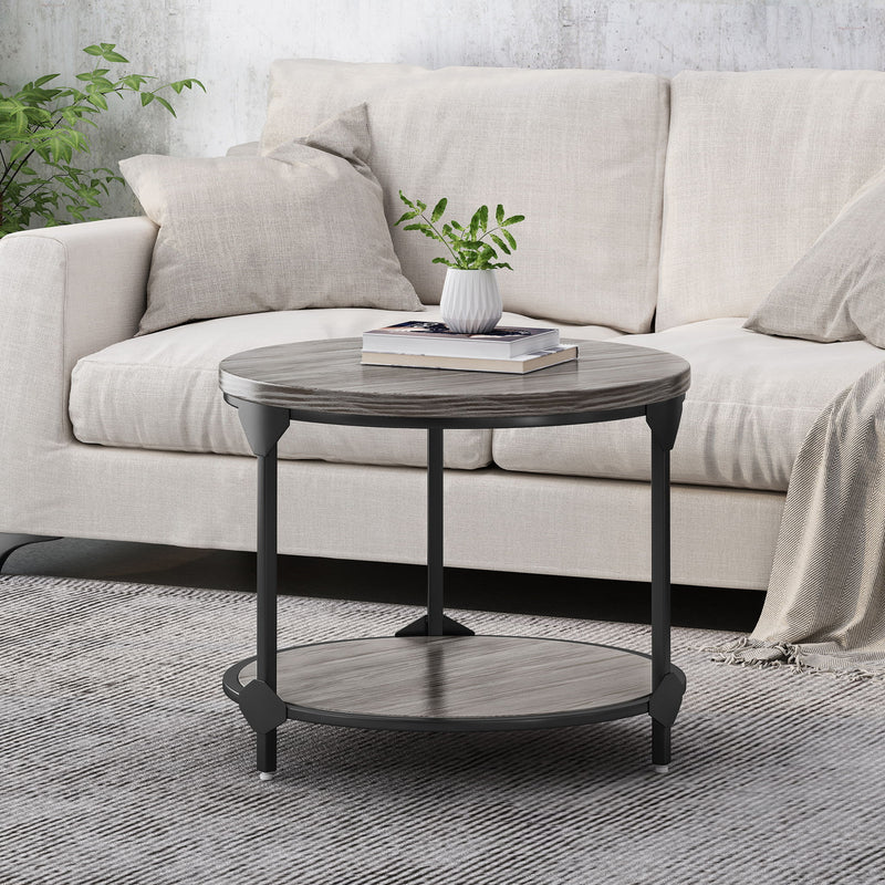 Gray Noble House coffee table with wood-patterned tabletop and black iron frame, modern design for living room decor.