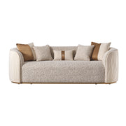 Michael Amini Gineverra stationary sofa in biscotti ivory gold with elegant upholstery and plush cushions.