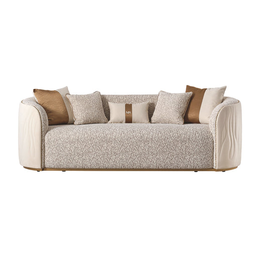 Michael Amini Gineverra stationary sofa in biscotti ivory gold with elegant upholstery and plush cushions.